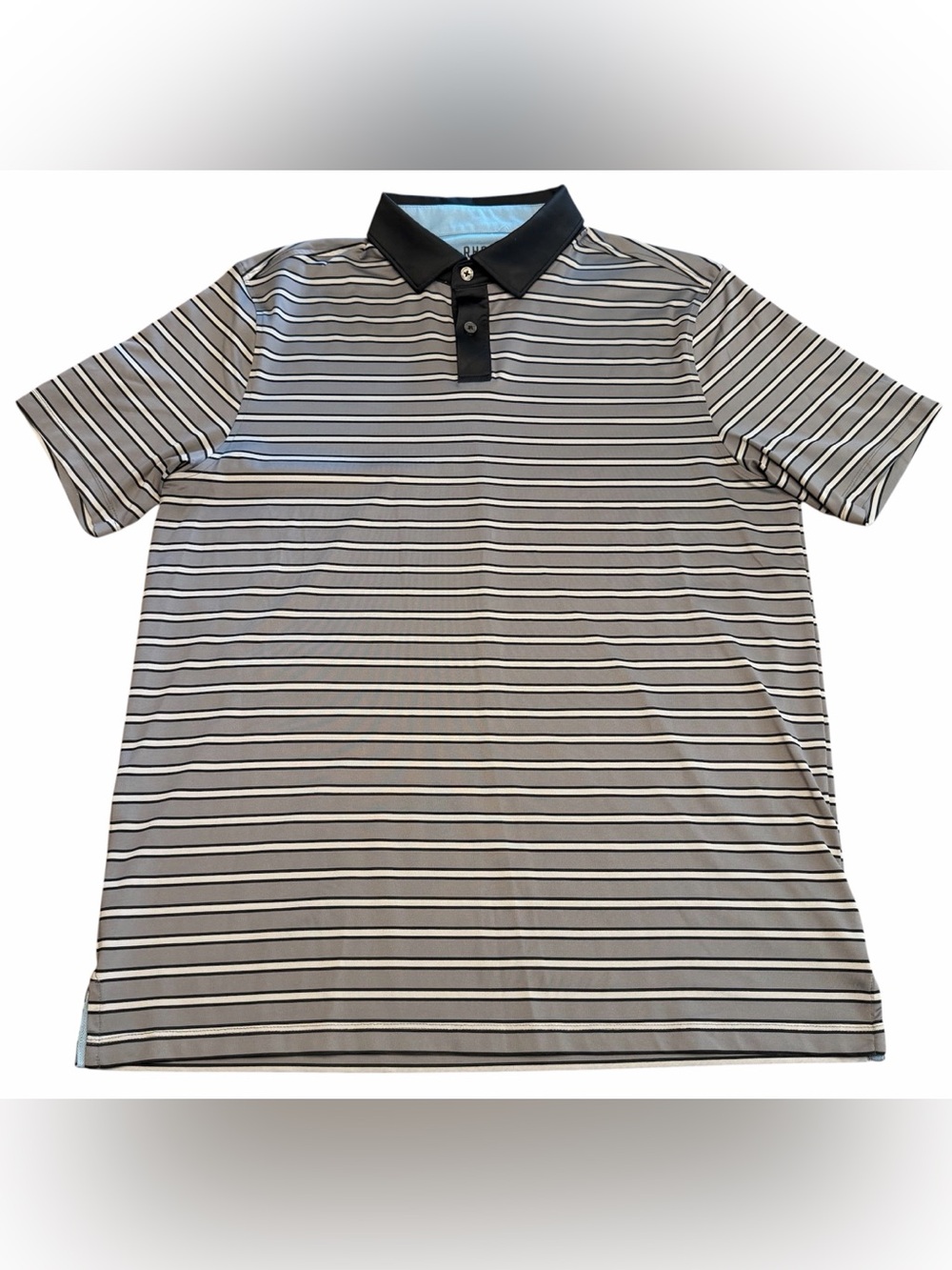RHONE Polo Shirt Mens Medium Gray Black Striped Performance Preppy Casual Golf